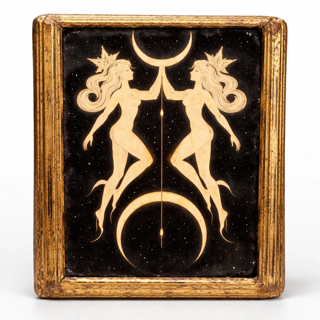 قاب دکوری ماه تولد «دوپیکر» (Gemini) | چاپ هنری روی تخته یک‌لایه با قاب طلایی