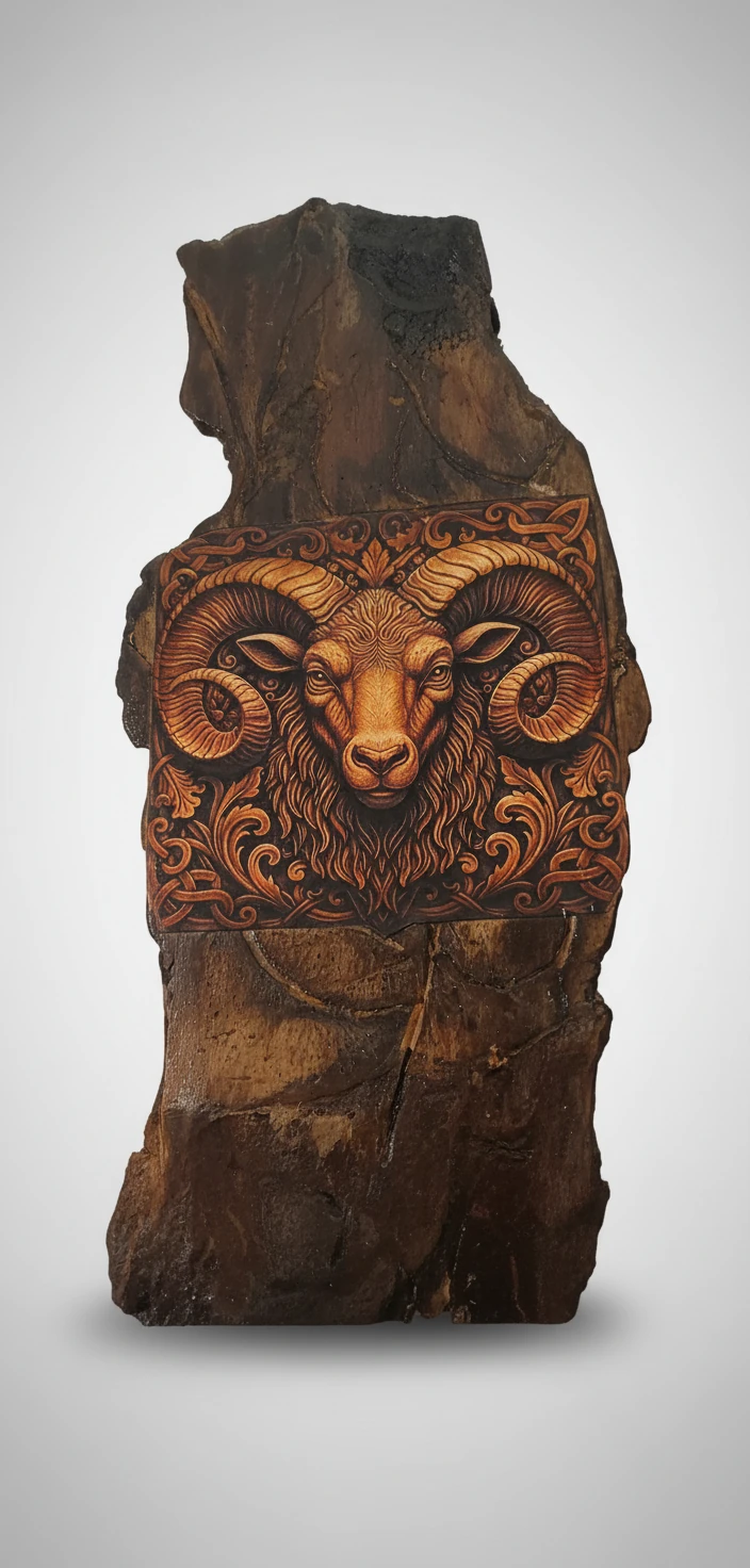 قوچِ ریشه‌دار — نمادِ شجاعت و آغاز. چوب طبیعی + نقش‌پردازی دستی = انرژی‌ای که هر دیواری رو عوض می‌کنه. ✨