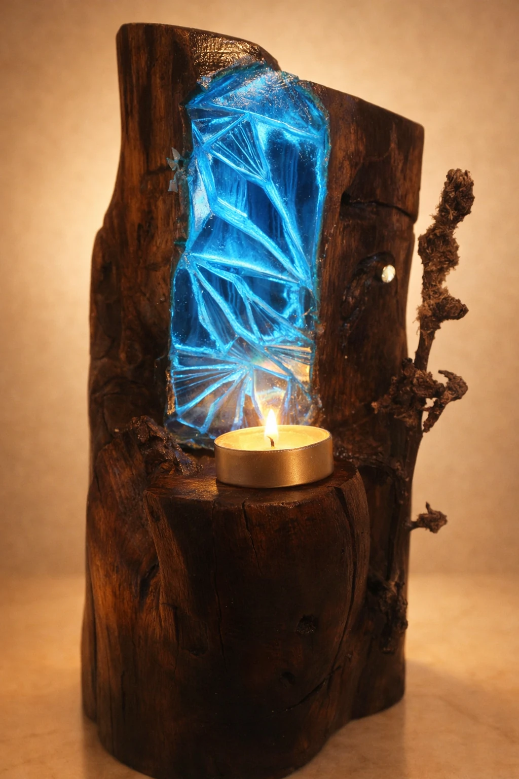 شمعدان چوب و شیشه طرح شکوفه آبی