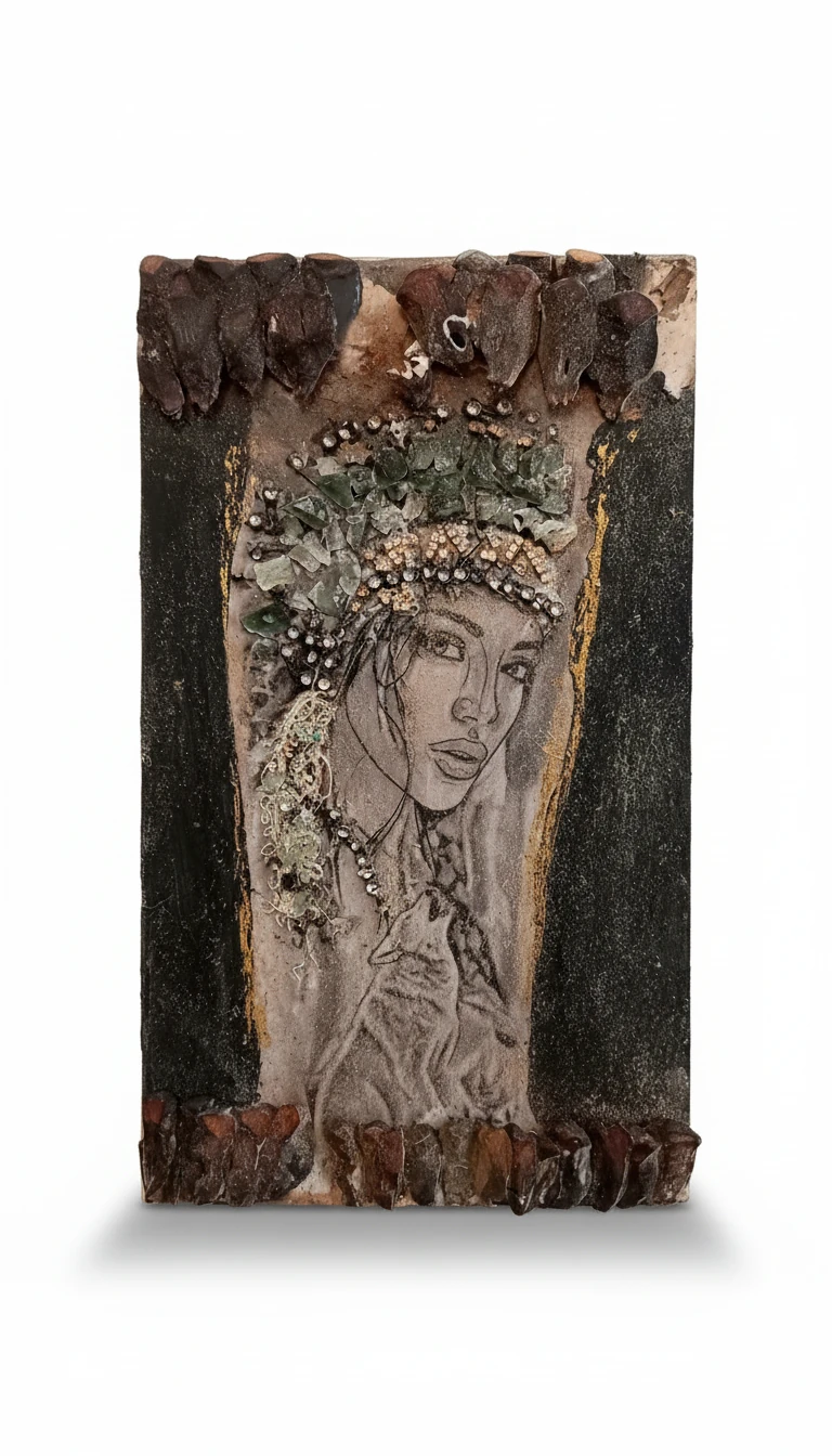 تابلوی دکوری دست‌ساز «روح سرخپوست» | زن بومی، سنگ و هنر تلفیقی