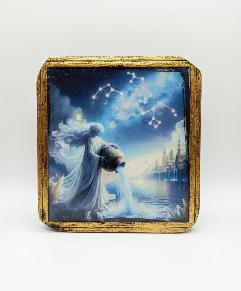 قاب دکوری ماه تولد «انرژی زودیاک» | چاپ هنری روی تخته یک‌لایه با قاب طلایی