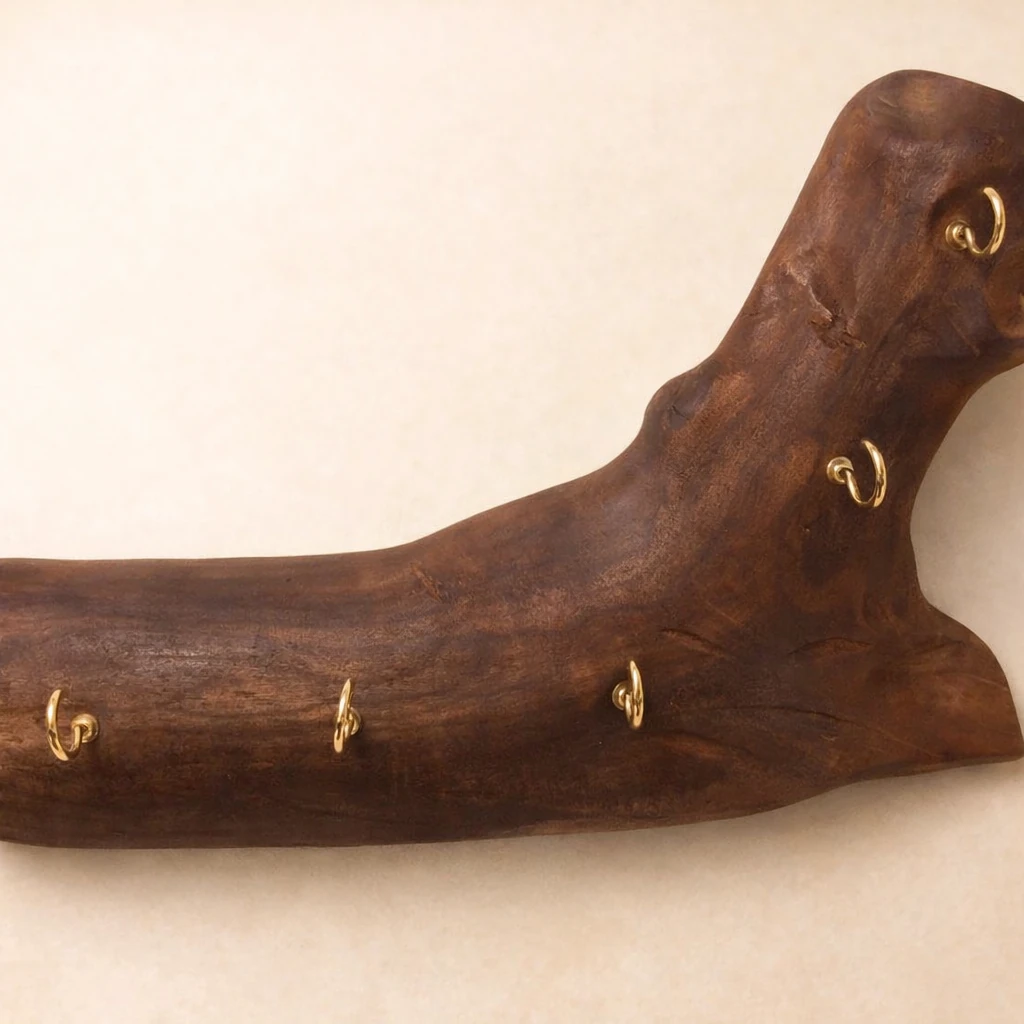 جالباسی/آویز دیواری چوب طبیعی با قلاب برنجی «شاخه‌ی گرم»