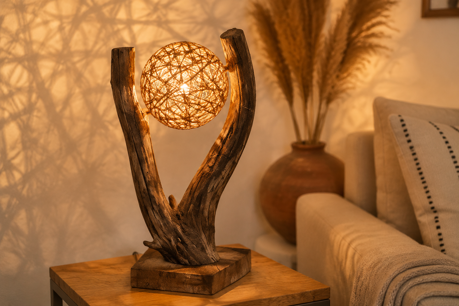 آباژور رومیزی چوبی مدل «نورِ هستی» (طرحِ آغوشِ چوب و گویِ بافته)