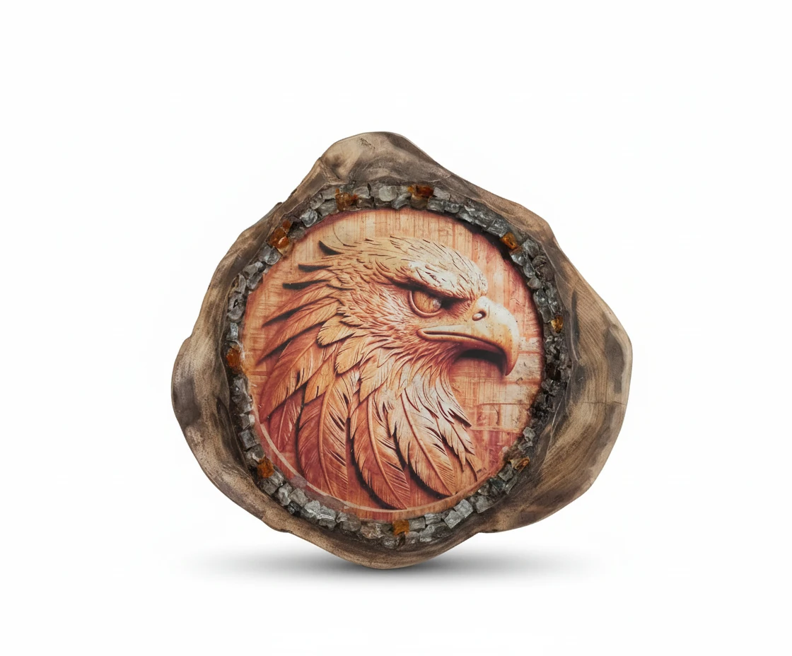 تابلو دکوری دست‌ساز «عقاب نگهبان» | چوب گردو و قاب شیشه‌ای